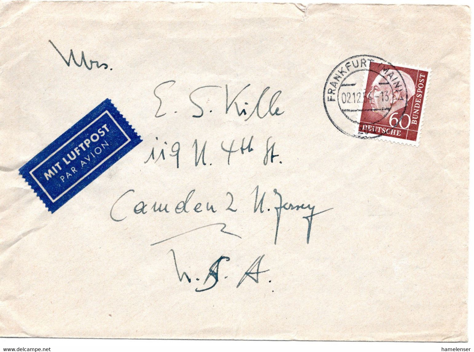 58199 - Bund - 1954 - 60Pfg Heuss I EF A LpBf FRANKFURT -> Camden, NJ (USA) - Lettres & Documents