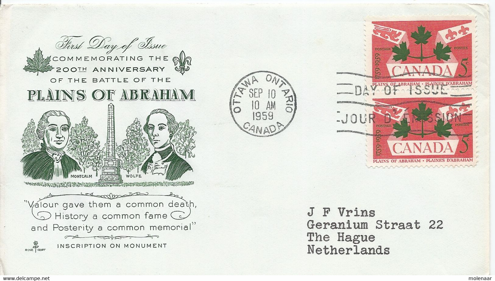 Canada Gelopen FDC  Tgv. 200 Years Battle Of The Plains Of Abraham (6026+) - Covers & Documents