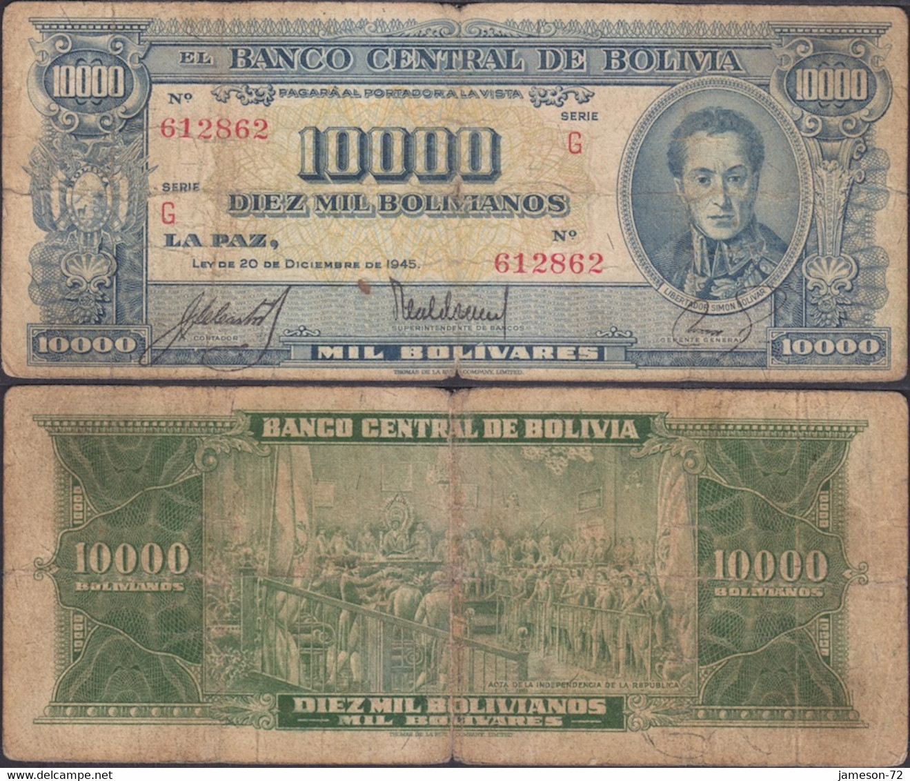 BOLIVIA - 10.000 Bolivianos L. 1945 P# 151 America Banknote - Edelweiss Coins - Bolivie