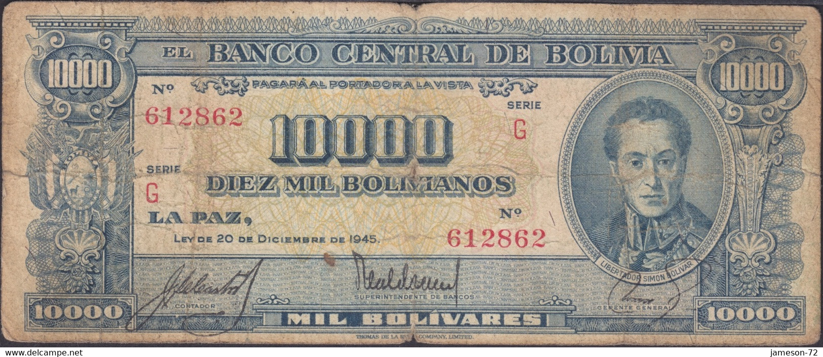 BOLIVIA - 10.000 Bolivianos L. 1945 P# 151 America Banknote - Edelweiss Coins - Bolivie