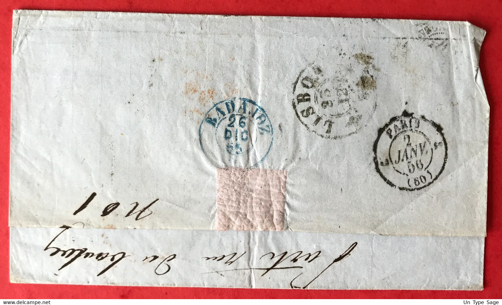 France Entrée ESPAGNE PAR ST JEAN DE LUZ 1.1.1856 De Lisbonne, Portugal Via BADAJAZ, Espagne - (C022) - Entry Postmarks