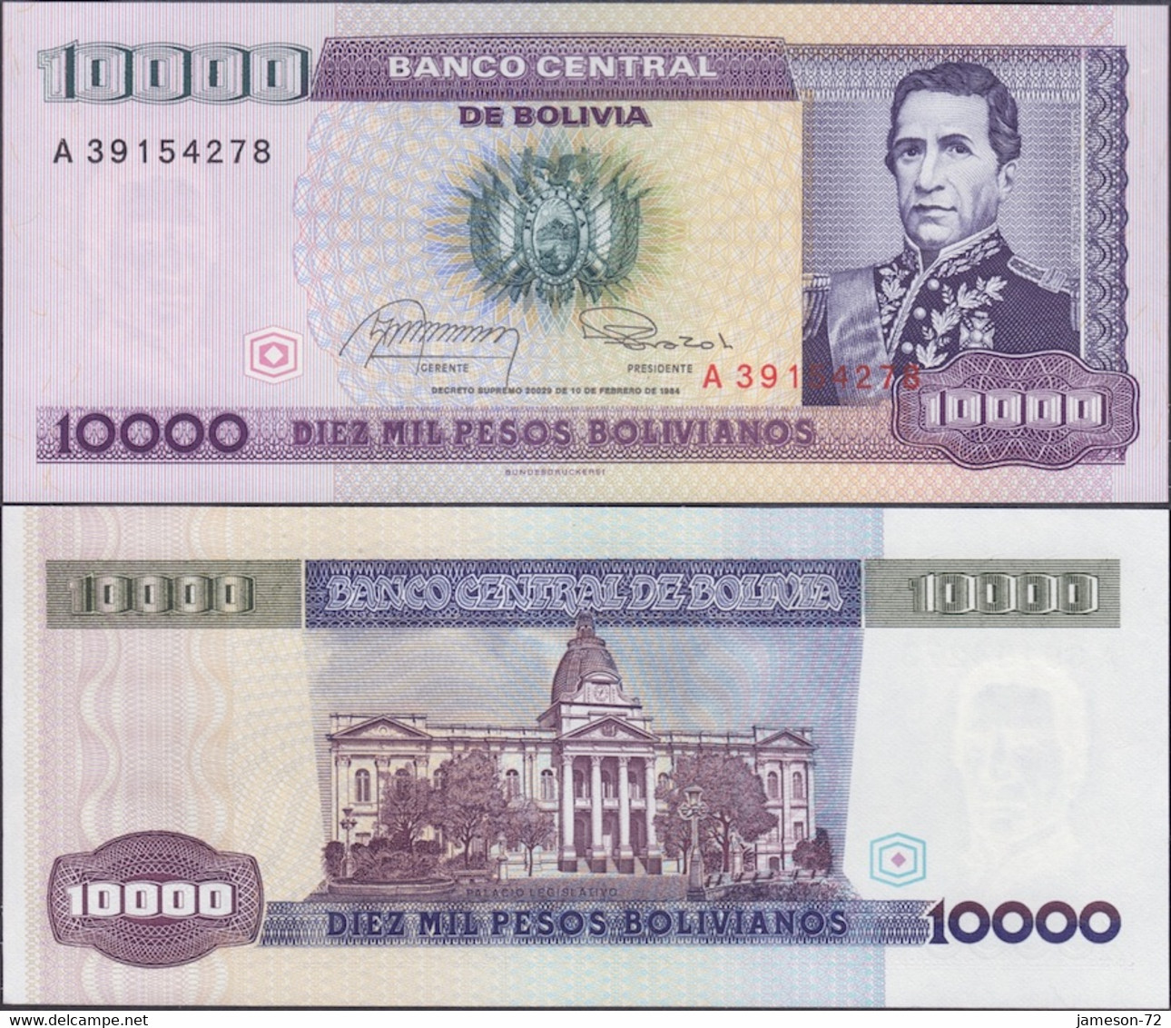 BOLIVIA - 10.000 Pesos Bolivianos D. 1984 P# 169 America Banknote - Edelweiss Coins - Bolivia