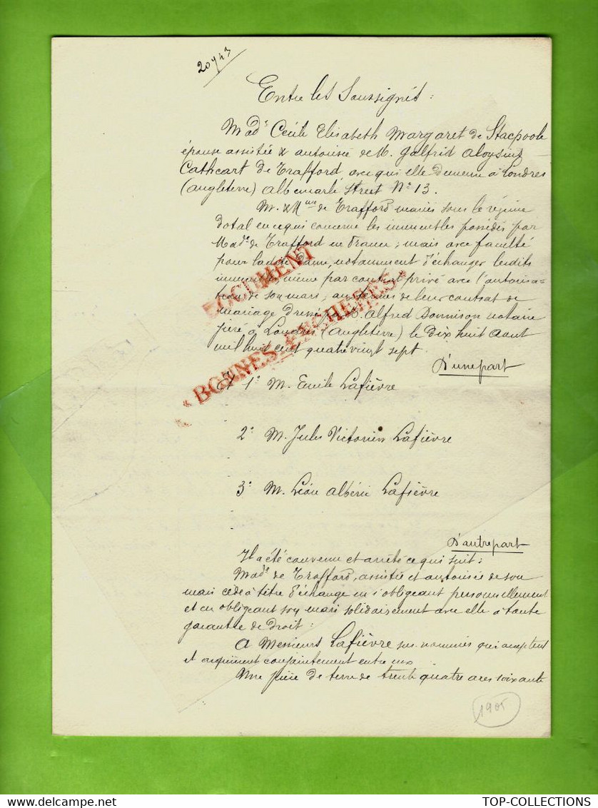 1905  Salins (Seine Et Marne) ECHANGE DE TERRES Cathcart De Trafford & De Stacpoole De Londres  Et Consorts Lafièvre - Historische Documenten