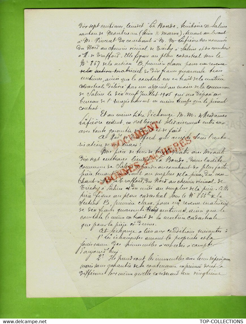 1905  Salins (Seine Et Marne) ECHANGE DE TERRES Cathcart De Trafford & De Stacpoole De Londres  Et Consorts Lafièvre - Historische Documenten