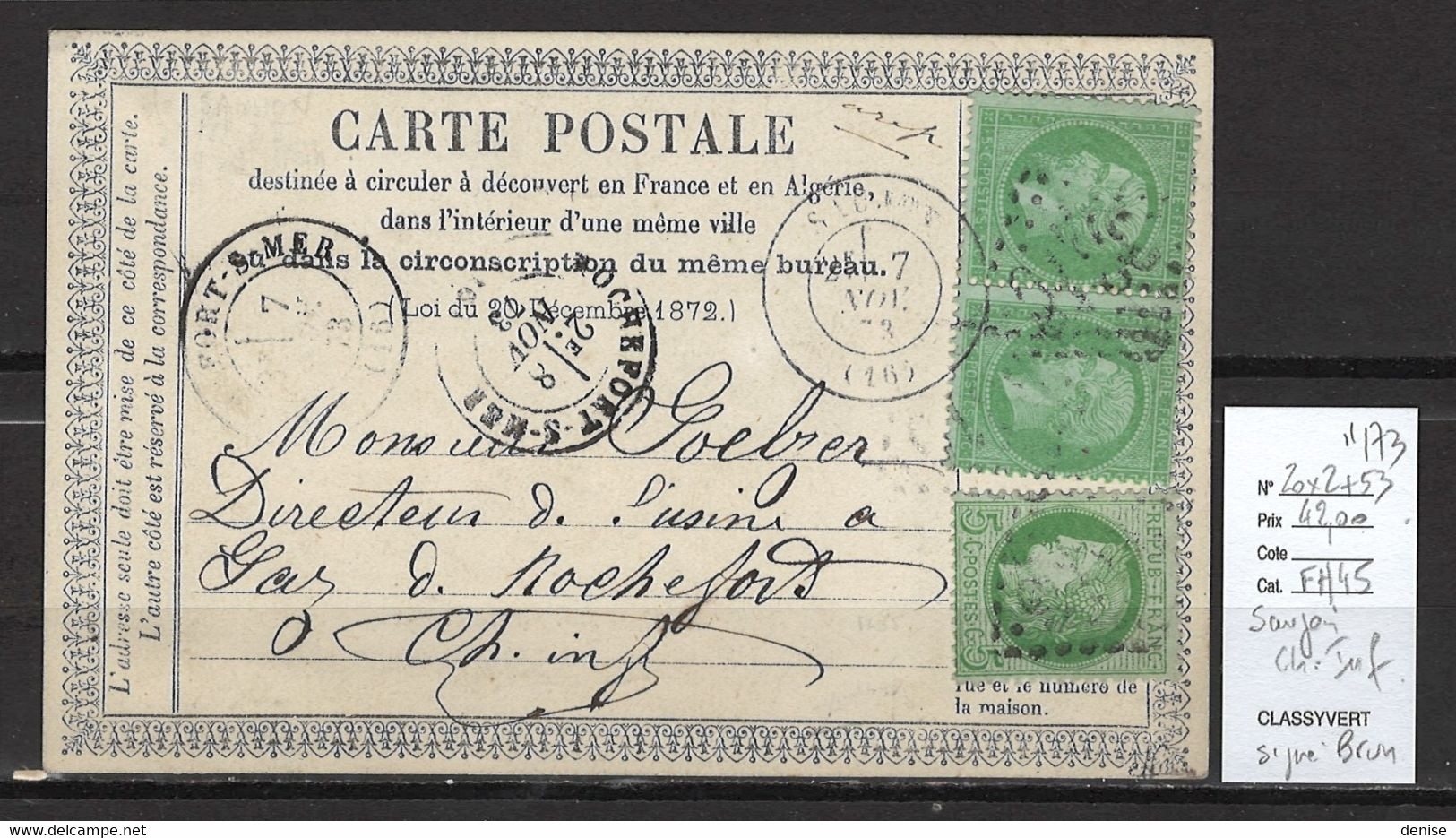 France - CP Précurseur - SAUJON - Charente Inférieure - 11/1873 - Yvert No 20 Paire + 53 Ceres 5 Cts - 1849-1876: Periodo Clásico