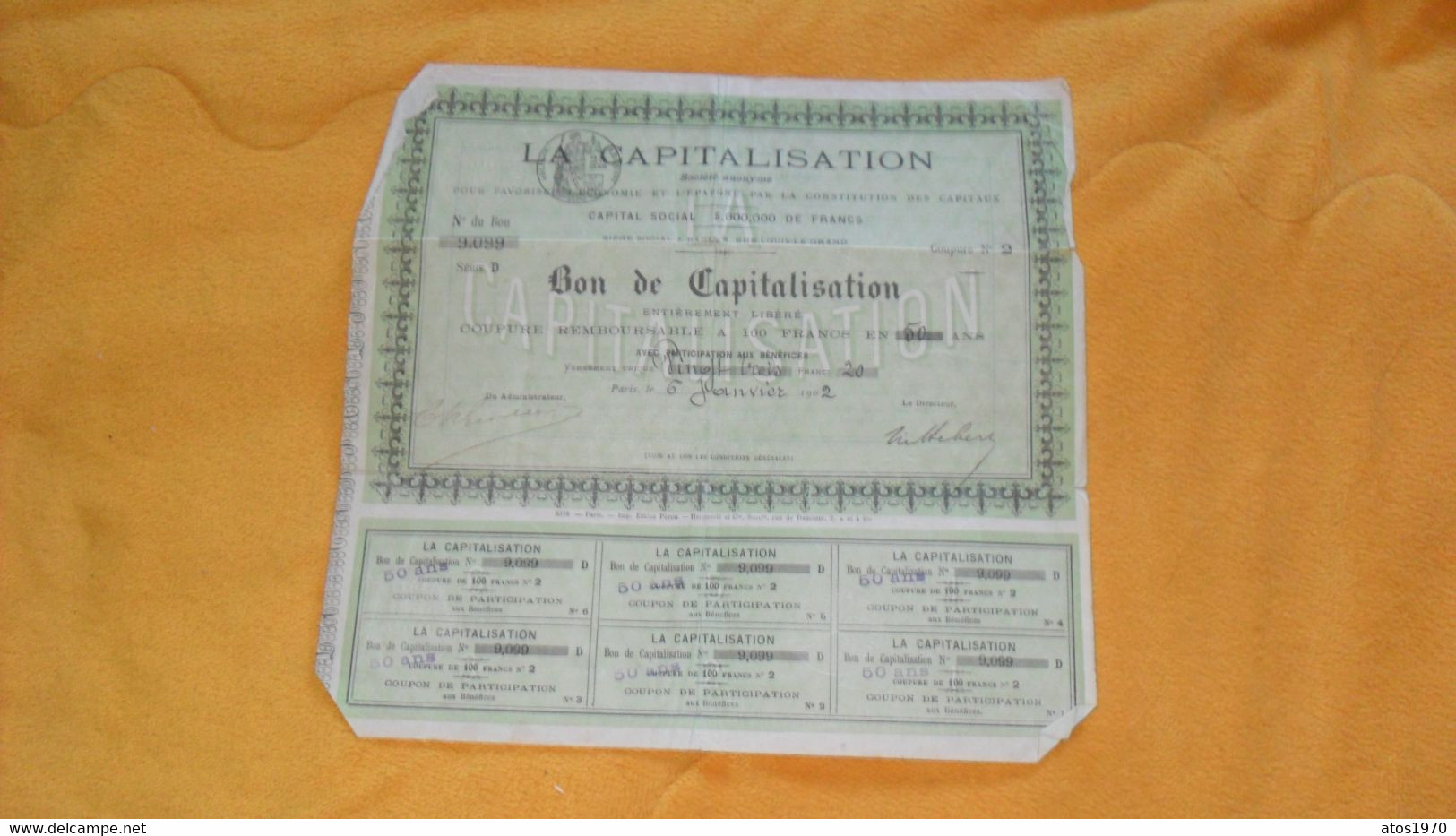 ACTION ANCIENNE DE 1902../ LA CAPITALISATION SOCIETE ANONYME..PARIS LE 6 JANVIER 1902..BON DE CAPITALISATION 6 COUPONS - J - L