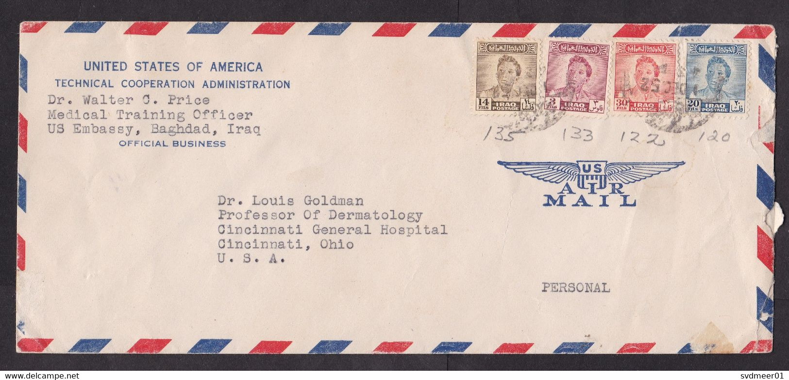 Iraq: Airmail Cover To USA, 1952, 4 Stamps, King, Sent From US Embassy, Official Business (damaged, See Scan) - Irak