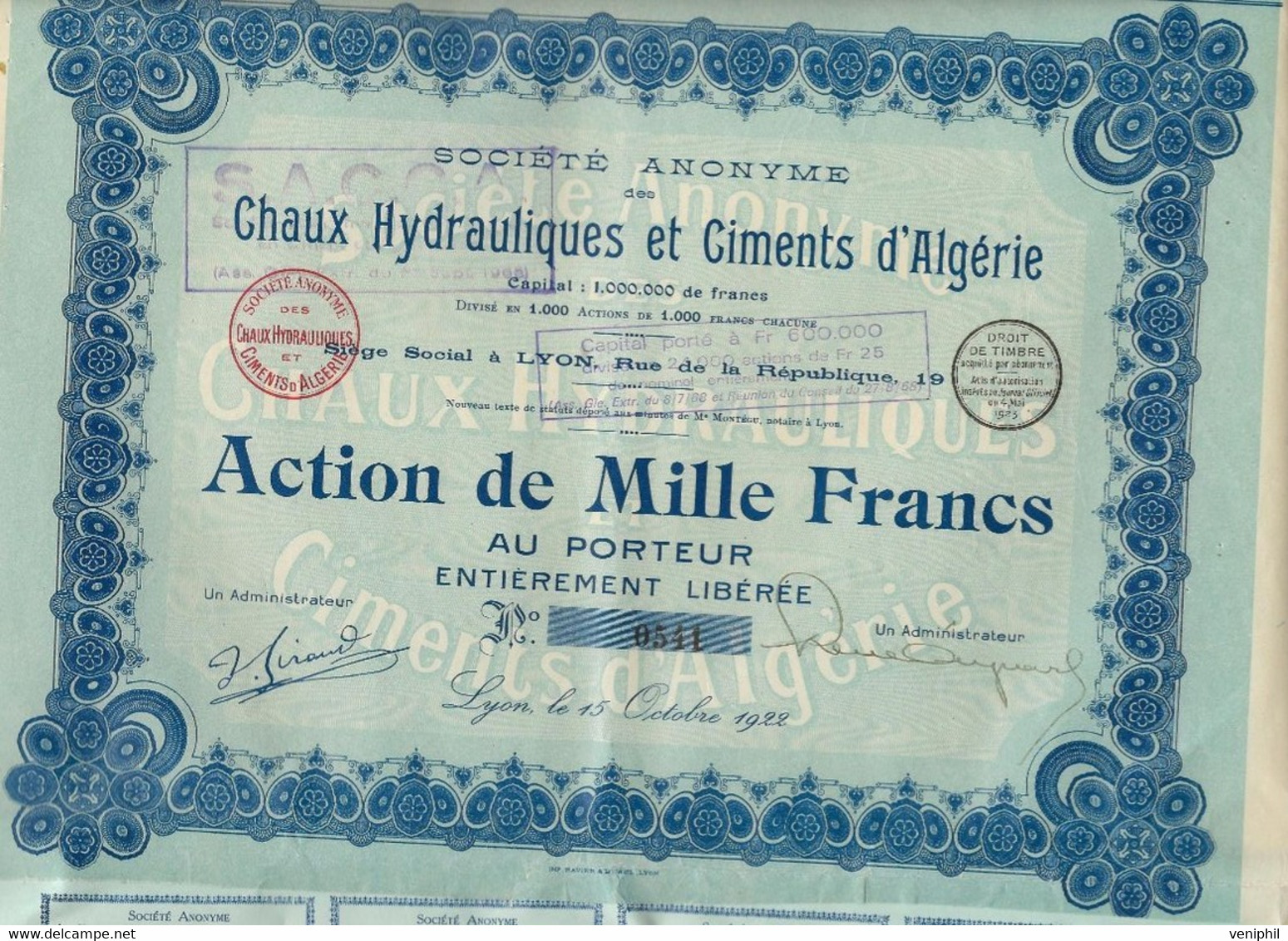 CHAUX HYDRAULIQUES ET CIMENTS D'ALGERIE -DIVISE EN 1000 ACTIONSDE 1000 FRS - ANNEE 1922 - Africa