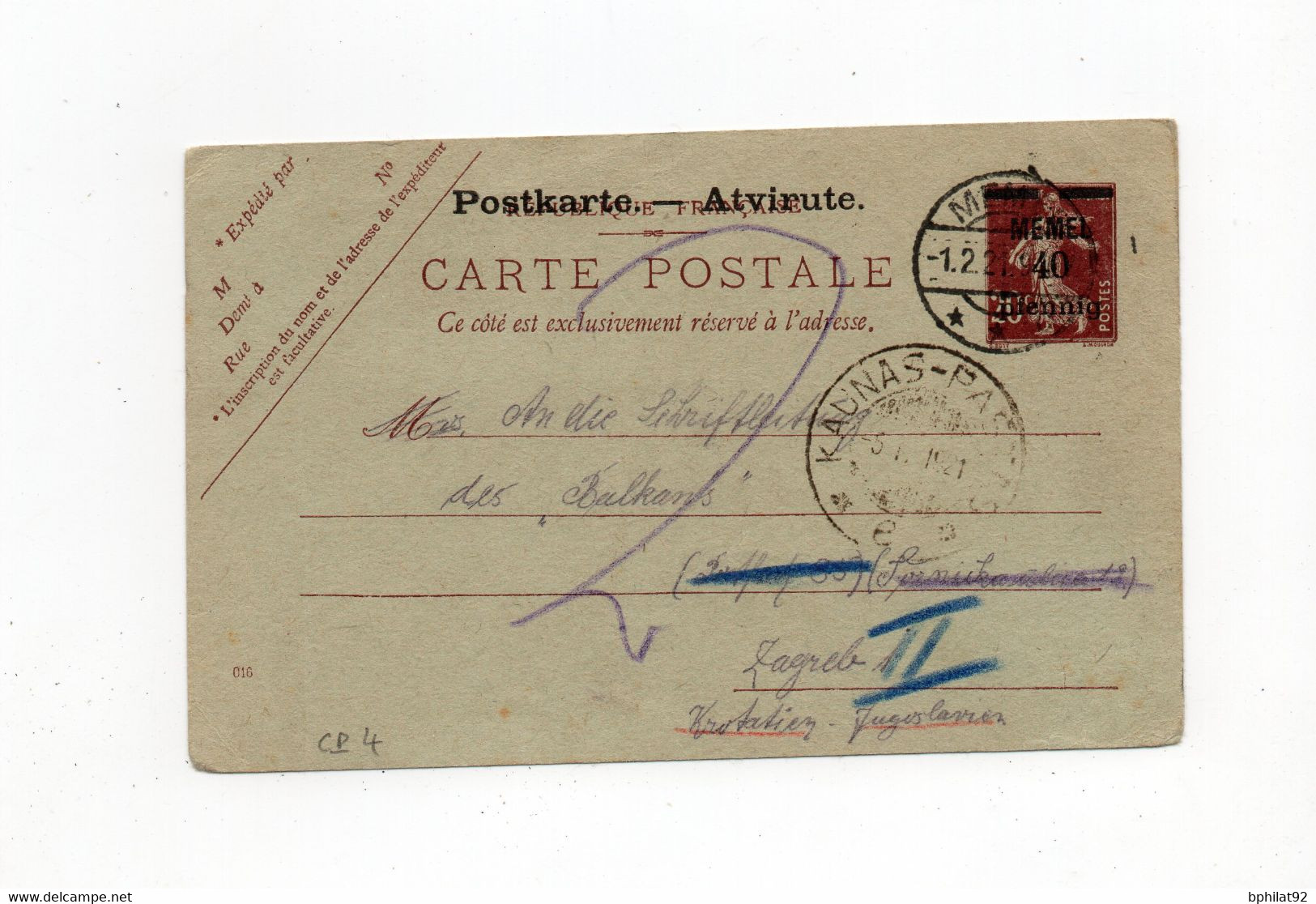 !!! MEMEL, ENTIER POSTAL CP4 DE 1921 POUR ZAGREB - Storia Postale