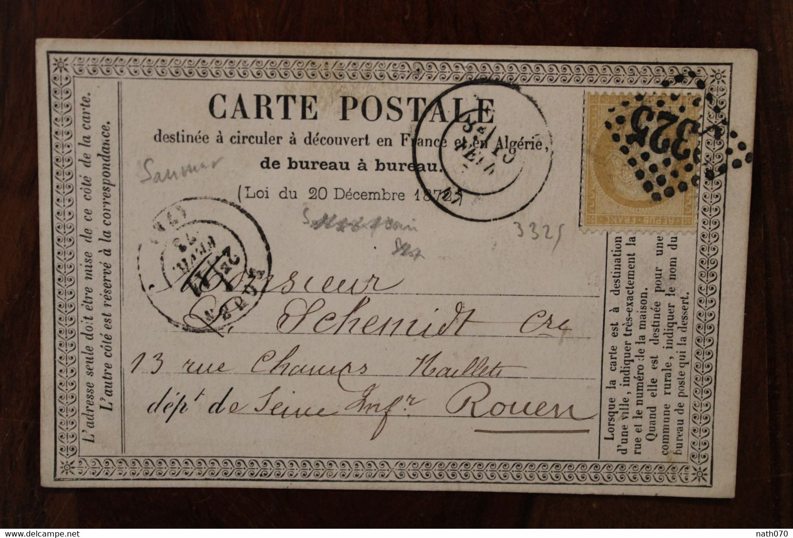 1873 Cérès Angers Cover Couleur Bistre GC 3325 Carte Postale Saumur Rouen Tad Ambulant De Jour Au Dos - 1871-1875 Ceres