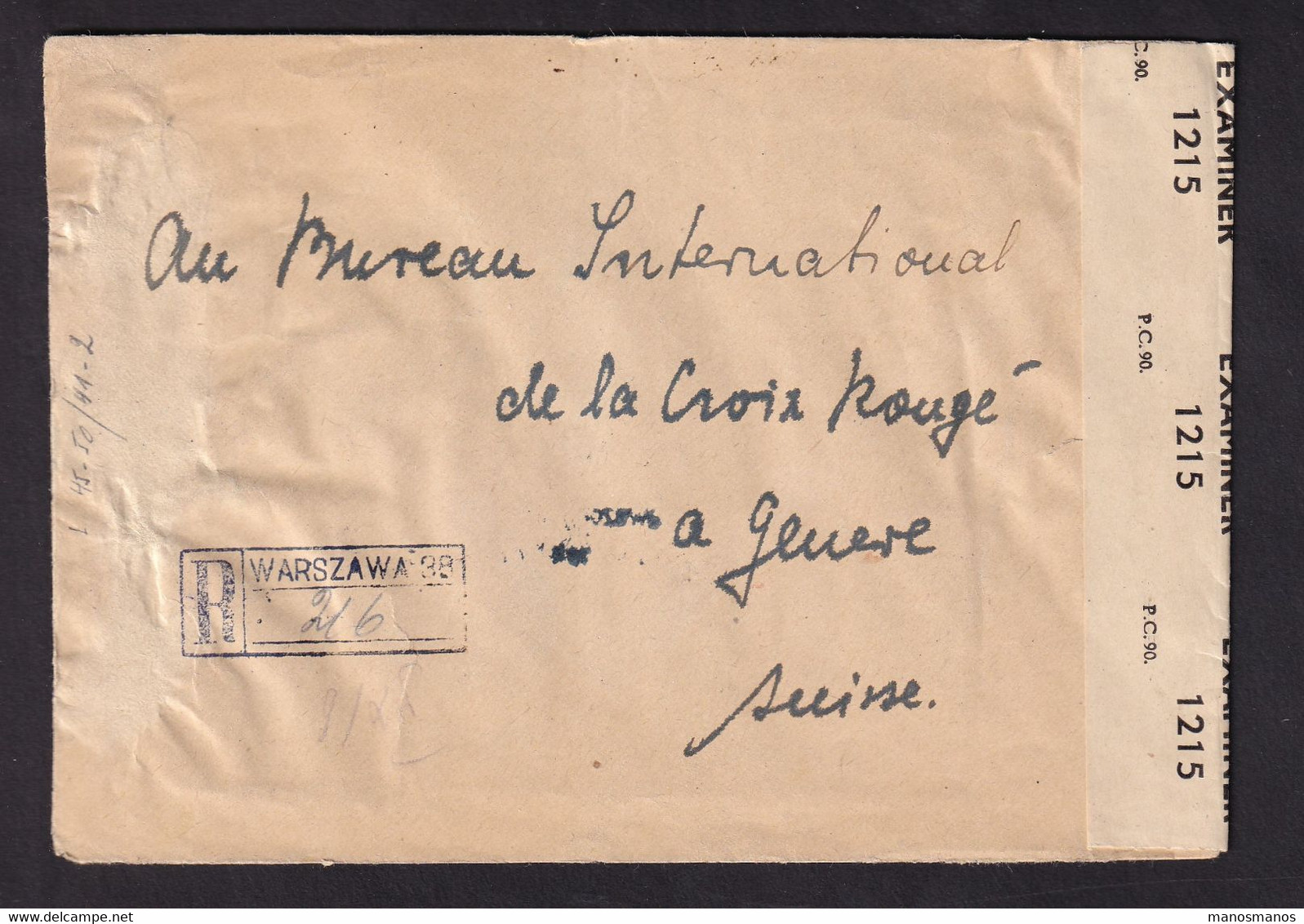 DDBB 633 - Enveloppe Recommandée WARSZAWA 1945 Vers Croix Rouge De GENEVE Suisse Via ANKARA - Censures Pologne Et UK - Liberation Labels