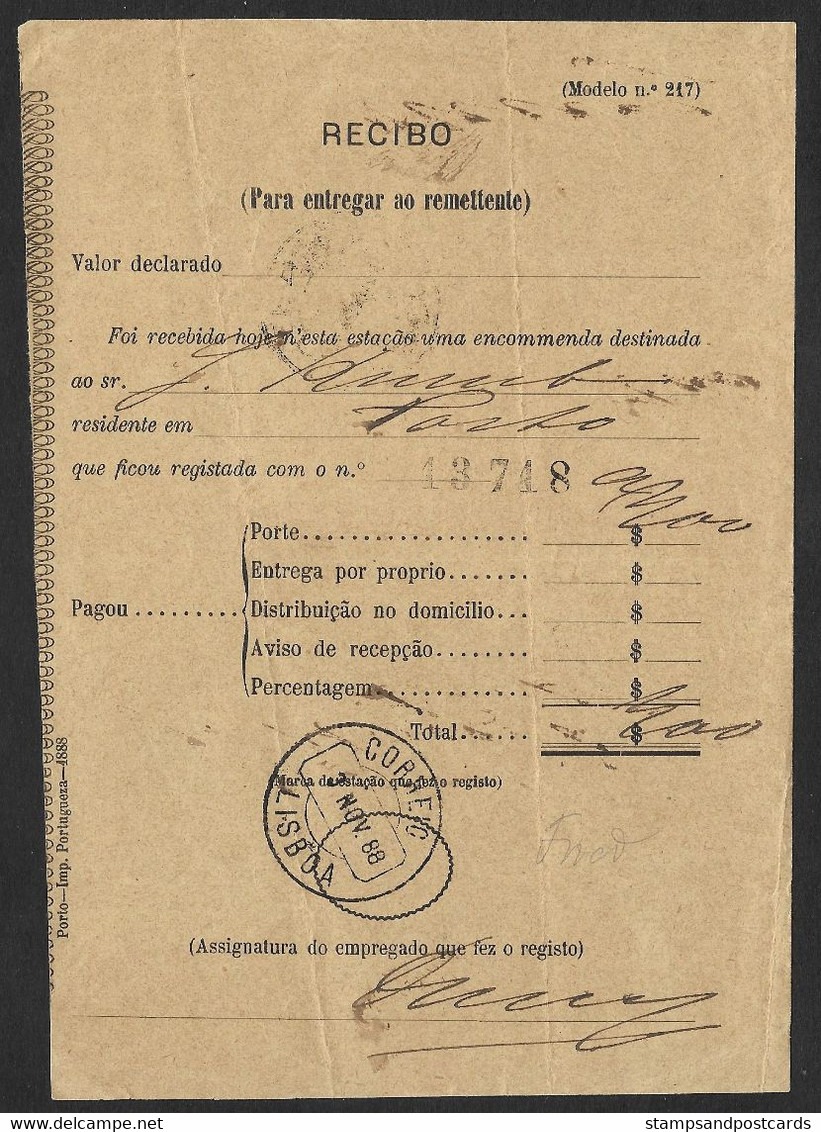 Portugal Récépissé Colis Postal 1888 Lisbonne Lisboa Lisbon Porto Parcel Post Receipt - Briefe U. Dokumente
