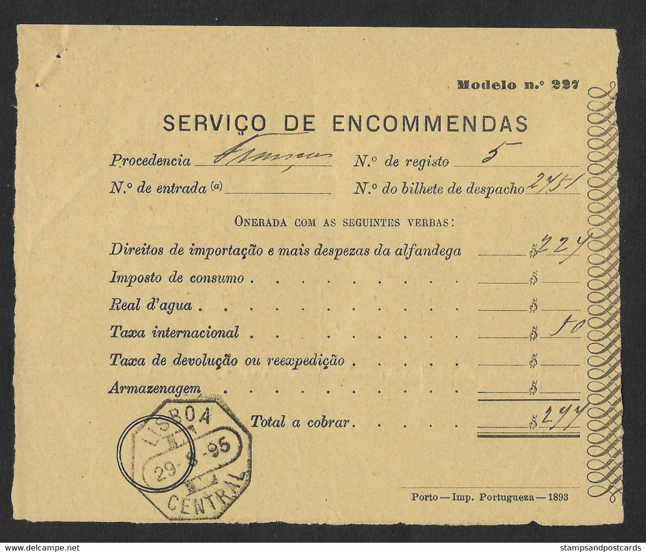 Portugal Récépissé Droits De Douane Colis Postal International 1895 France Lisbonne Lisboa Lisbon Parcel Post Receipt - Cartas & Documentos