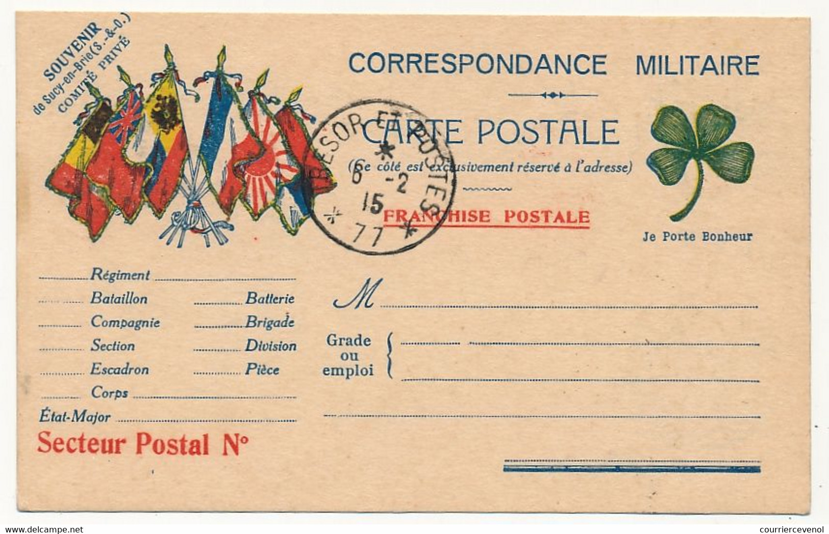 Carte FM, édition Privée, Faisceau De 6 Drapeaux - Trèfle Et Mention "Souvenir De Sucy En Brie (S & O) Comité Privé" - Lettres & Documents