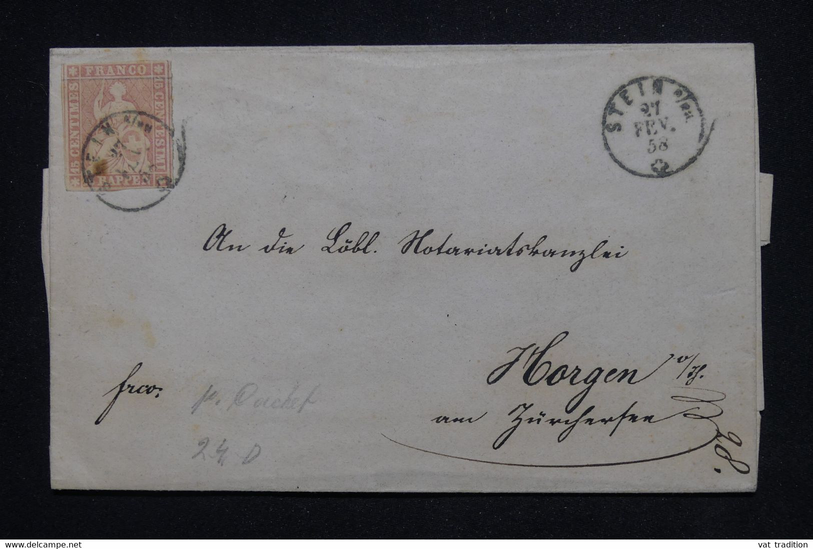 SUISSE -   Déesse ND 15c  Sur Lettre De Stein  Pour Horgen En 1858 - L 119898 - Lettres & Documents