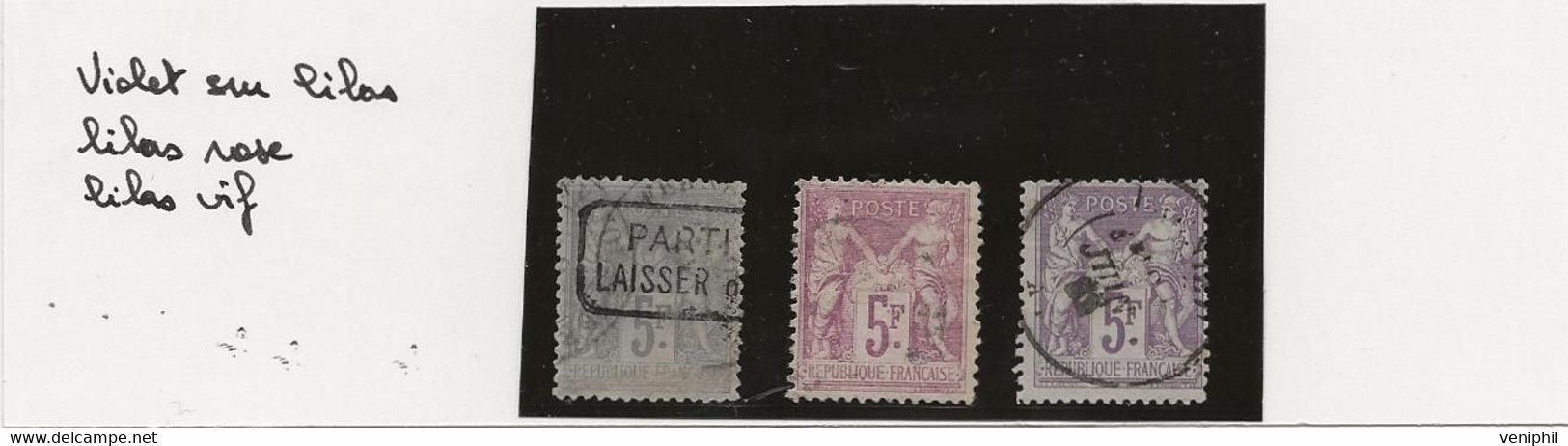 TYPE SAGE N° 95  -5 FRS -LES 3 NUANCES - VIOLET SUR LILAS - LILAS ROSE ET LILAS VIF -ANNEE 1877 - COTE : 330 € - 1876-1878 Sage (Type I)