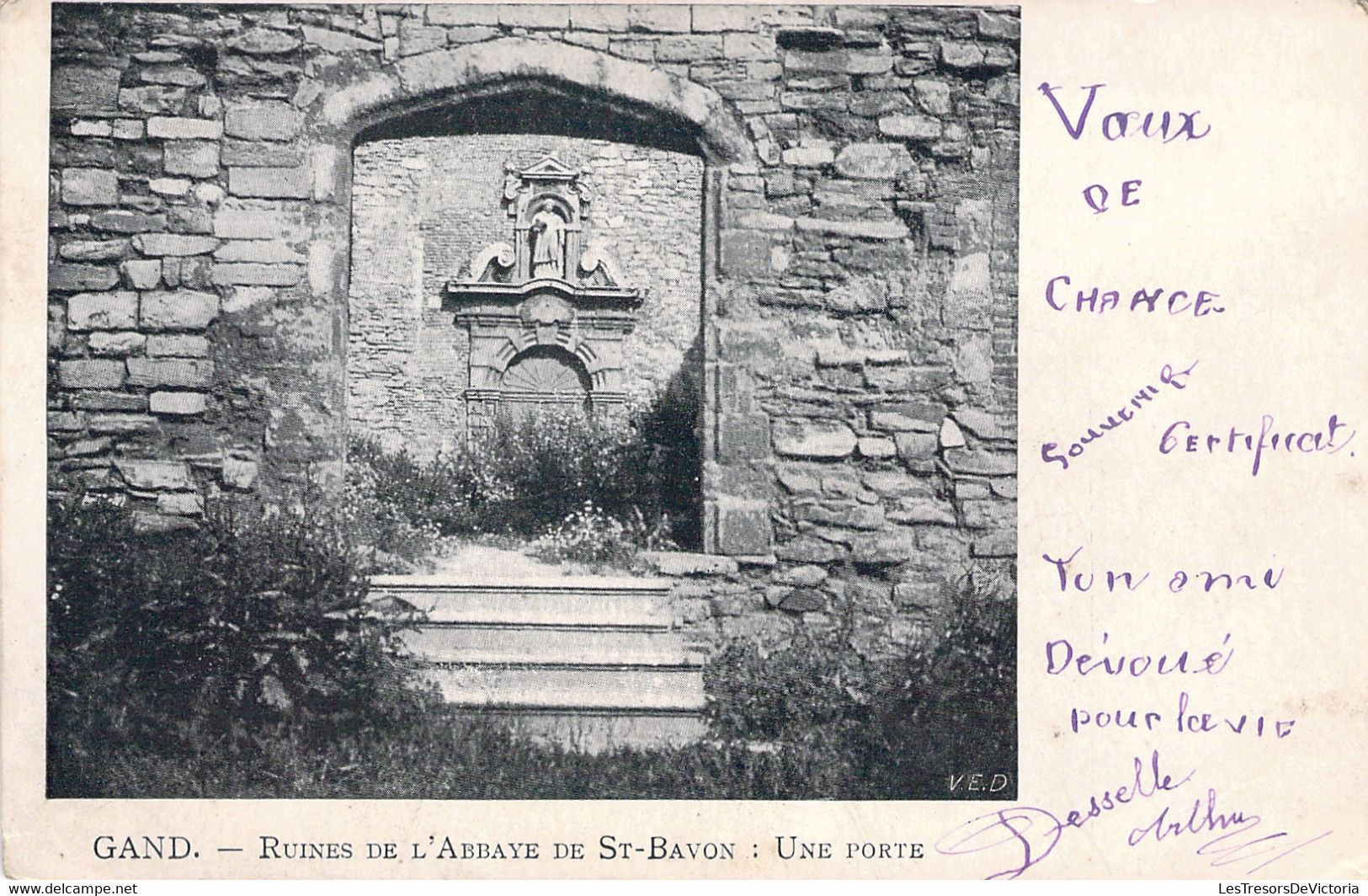 CPA Gand - Ruines De L'abbaye De St Bavon - Une Porte - Voeux De Chance Certificat - Gent