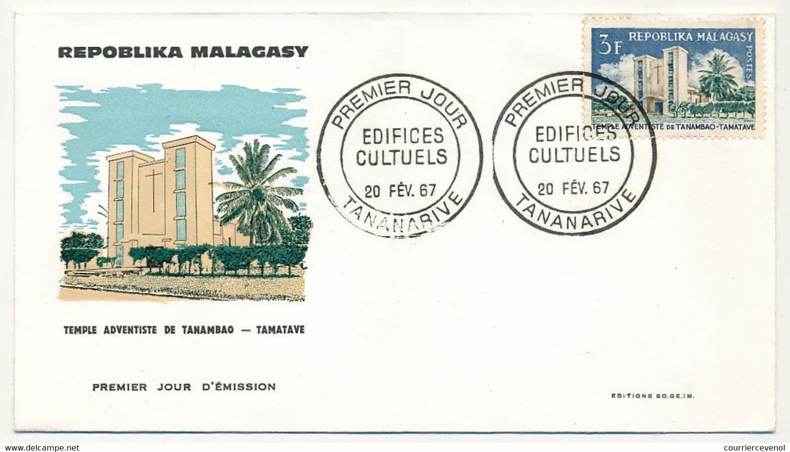 MADAGASCAR - 3 Enveloppes FDC - 3 Valeurs Edifices Cultuels - Tananarive - 20 Fév 1967 - Madagaskar (1960-...)