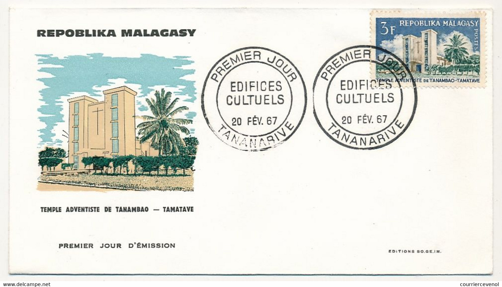 MADAGASCAR - 3 Enveloppes FDC - 3 Valeurs Edifices Cultuels - Tananarive - 20 Fév 1967 - Madagascar (1960-...)