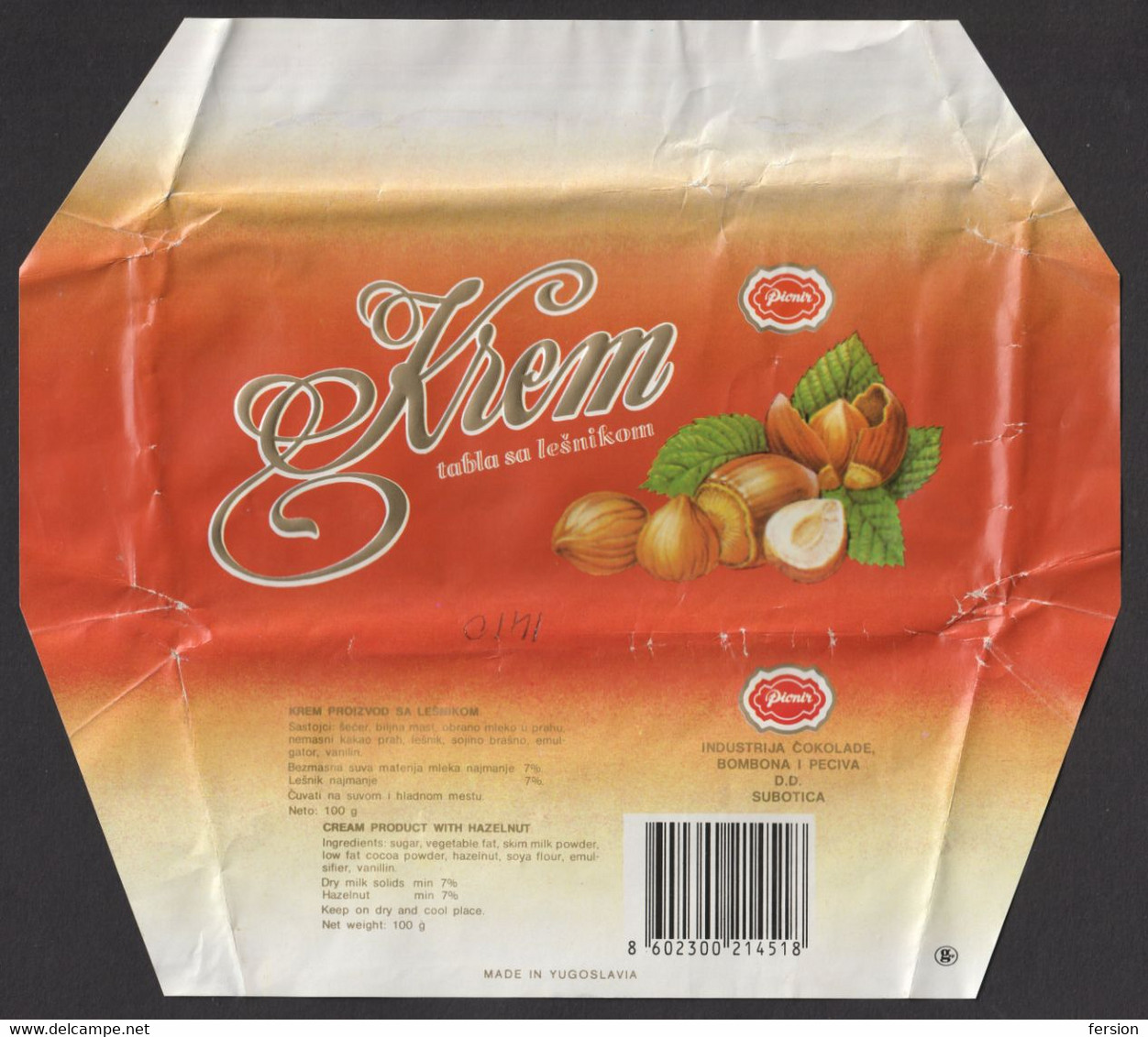 1992 Yugoslavia Serbia SUBOTICA Pionir - Krem Tabla - LABEL VIGNETTE Paper Package - Cream Pruduct With Hazelnut - Chocolat