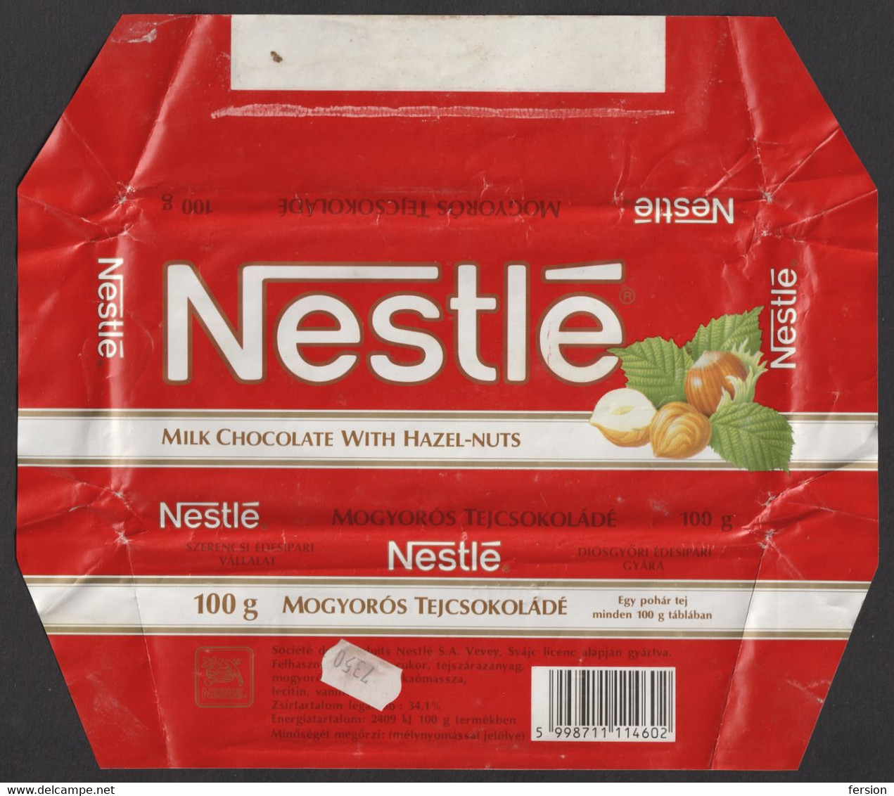 1990 HUNGARY Szerencsi  Nestlé MILK Hazelnut CHOCOLATE - LABEL VIGNETTE Paper Package - Switzerland Licence - Chocolat