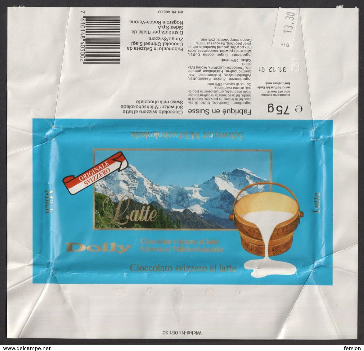 Grimsel MILK CHOCOLATE - LABEL VIGNETTE Paper Package - 1991 Switzerland Zürich / Export Italy Yugoslavia - Chocolat