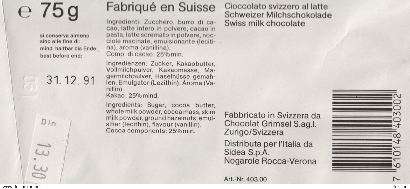 Grimsel MILK CHOCOLATE - LABEL VIGNETTE Paper Package - 1991 Switzerland Zürich / Export Italy Yugoslavia - Chocolat