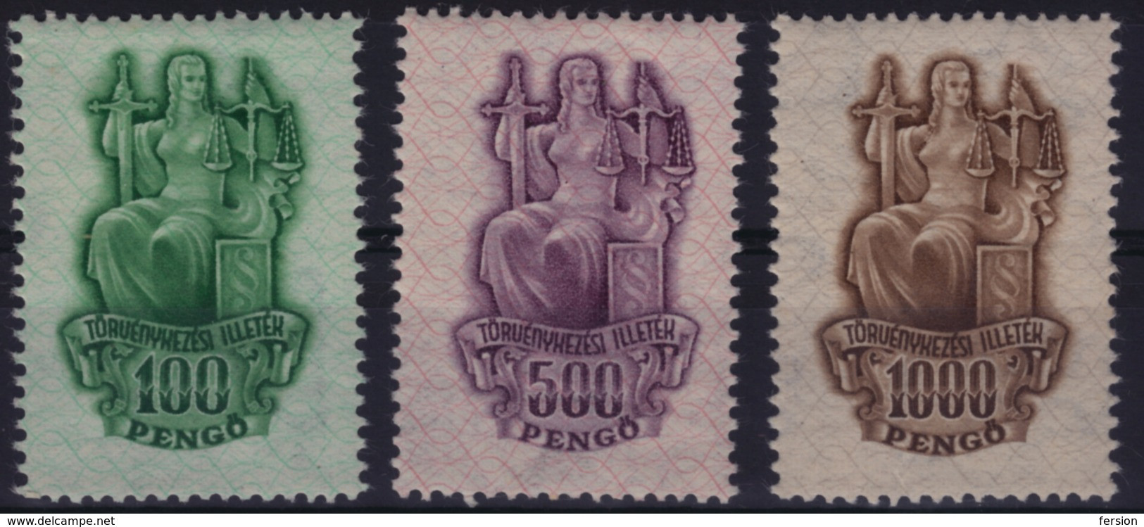 1945 Hungary - Judaical Revenue Tax Stamp - 100 500 1000 P - MNH LOT  - Lady Justice Iustitia SWORD Libra Scale Balance - Steuermarken