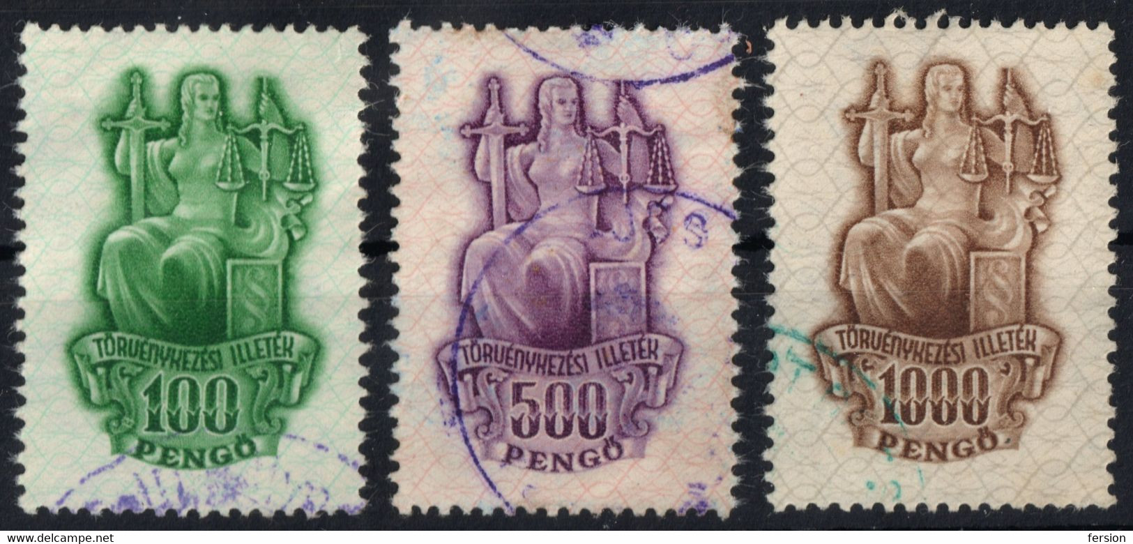 Lady Justice Iustitia Mythology SWORD Libra Scale Balance 1945 Hungary Judaical Revenue Tax Stamp 100 500 1000 P LOT - Fiscale Zegels