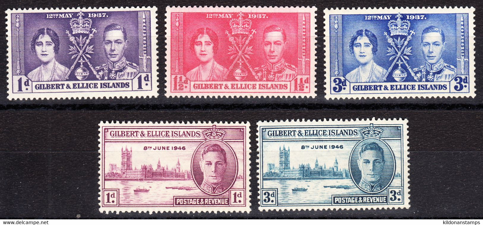 Gilbert & Ellice Islands 1937,1946 Coronation & Peace Issues, Mint No Hinge/mounted, See Notes, Sc# 37-39,52-53 - Islas Gilbert Y Ellice (...-1979)