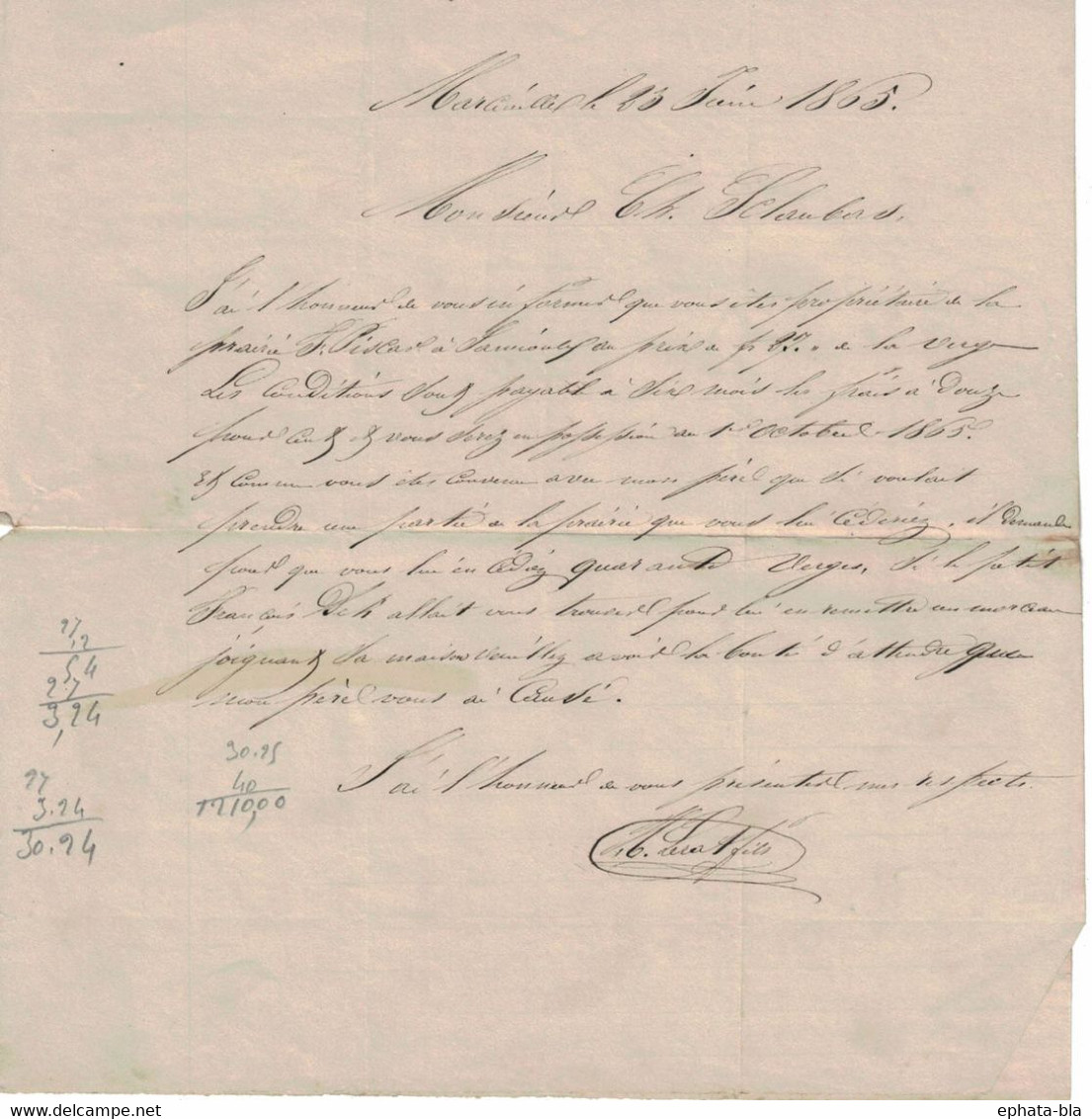 Marcinelle. Càd Charleroy 23 Juin 1865.Lerat Fils => Charles Sclaubas. Cachet Du Facteur I - 1849-1865 Medallions (Other)