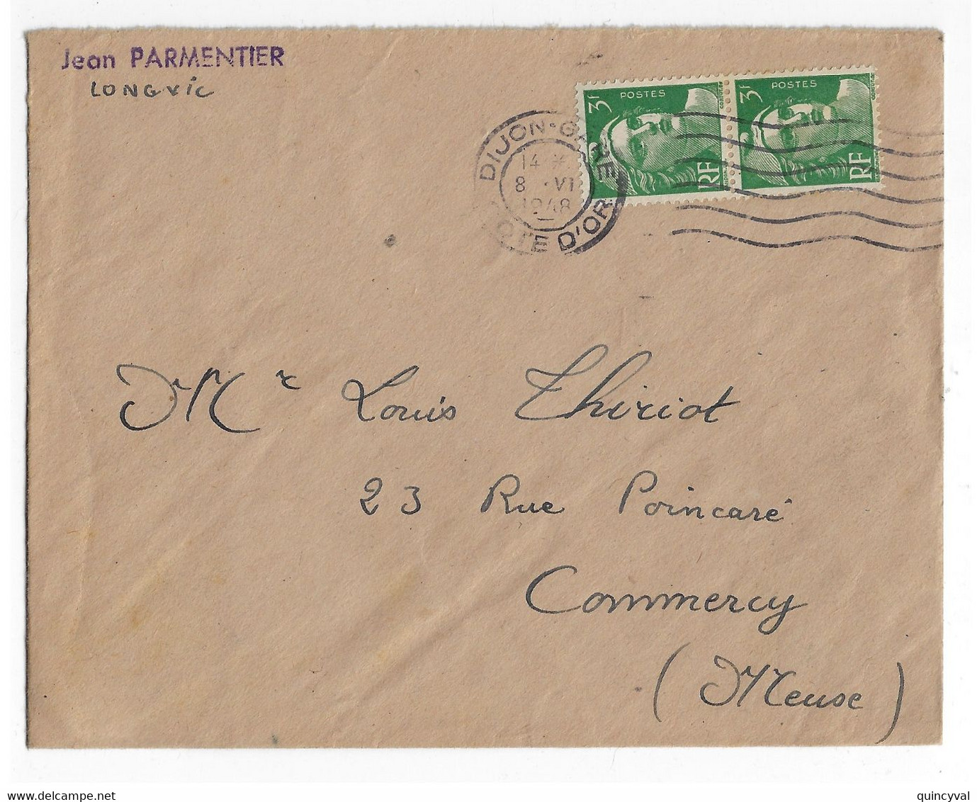 DIJON GARE Lettre Gandon 3 F Vert X2 Yv 716A Ob 8 6 1948 Dest Commercy Meuse - Cartas & Documentos