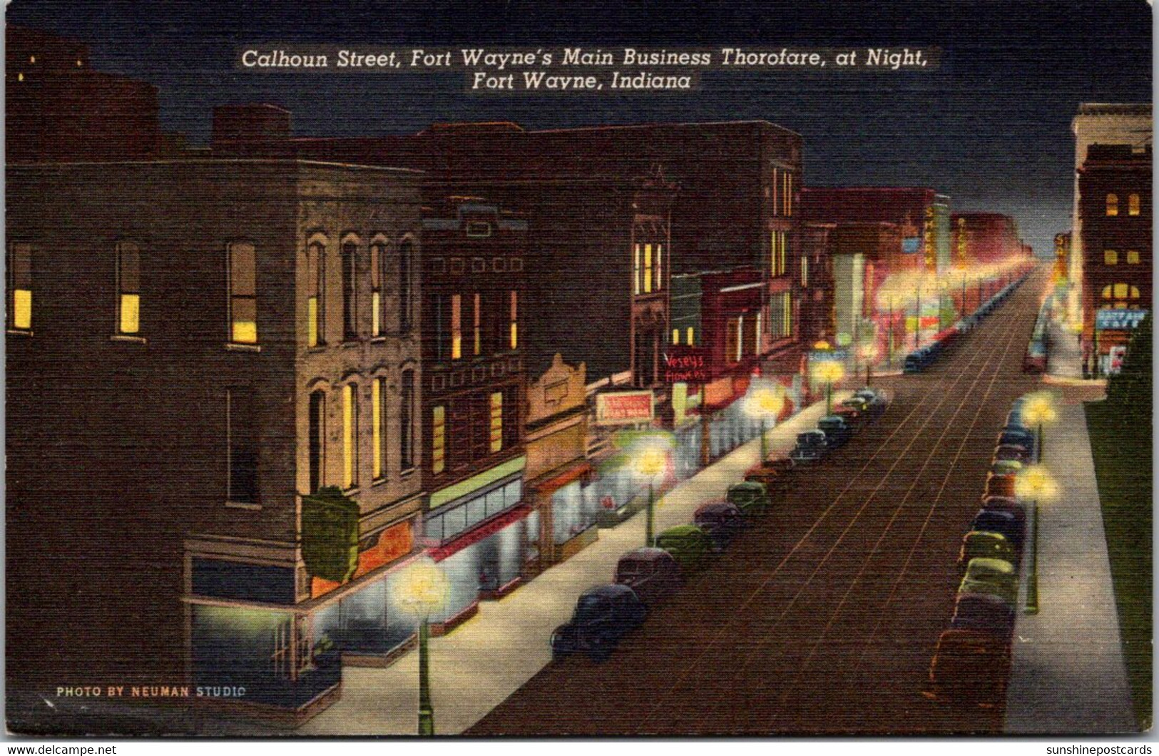 Indiana Fort Wayne Calhoun Street Main Business Thoroughfare At Night Curteich - Fort Wayne