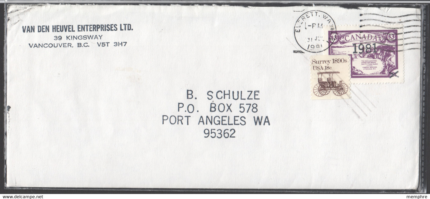 1981 Canphil Postal Strike Cover Vancouver To Blaine WA $3 With US Stamp And Cancels - Local, Strike, Seals & Cinderellas