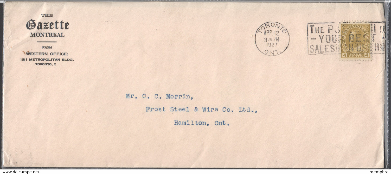 1927   George V Admiral 4 Cents Sc 110  Single On Commercial  Cover Toronto To Hamilton ON - Storia Postale