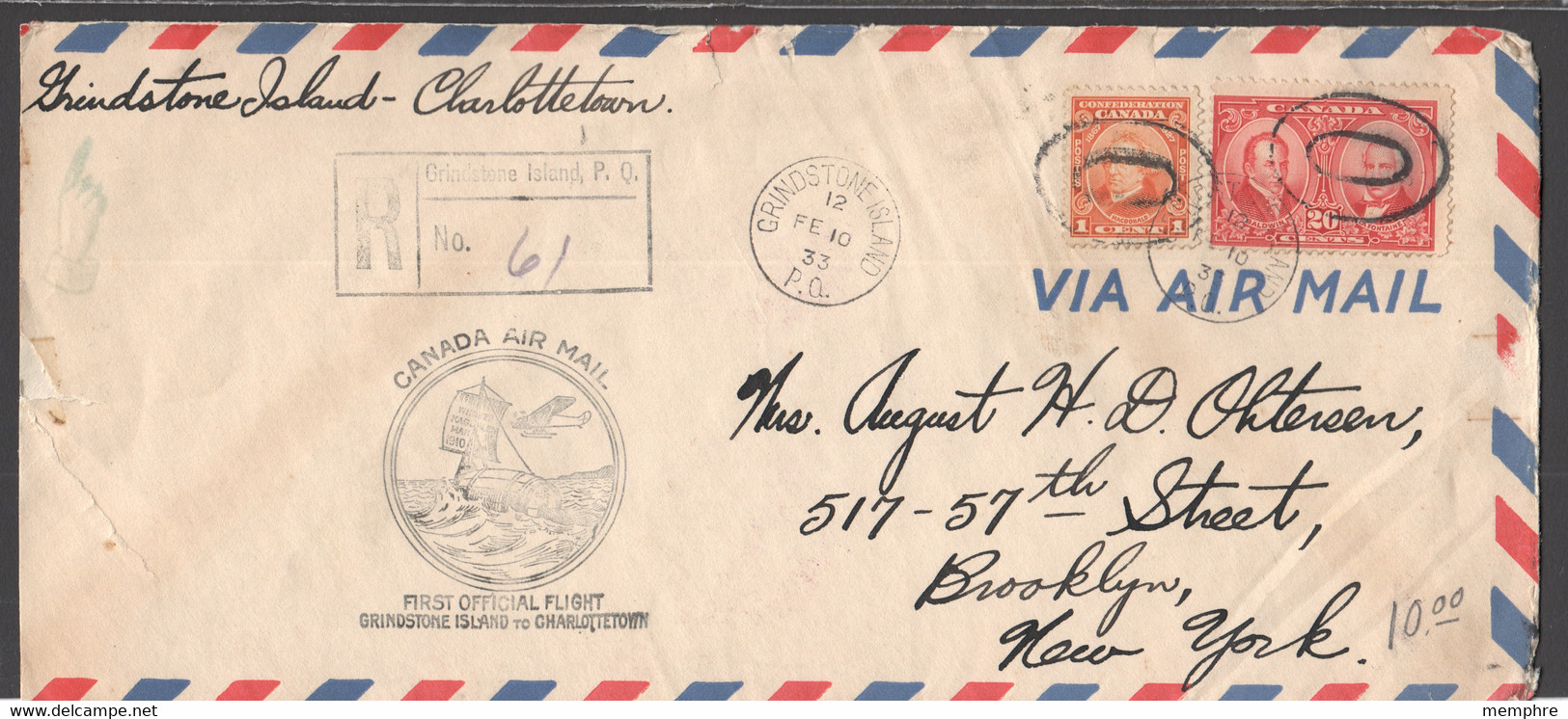 1933  Registered First Flight Cover Grindstone Is. To Charlottetown PEI Onward To New York Sc 141, 148 - Luftpost