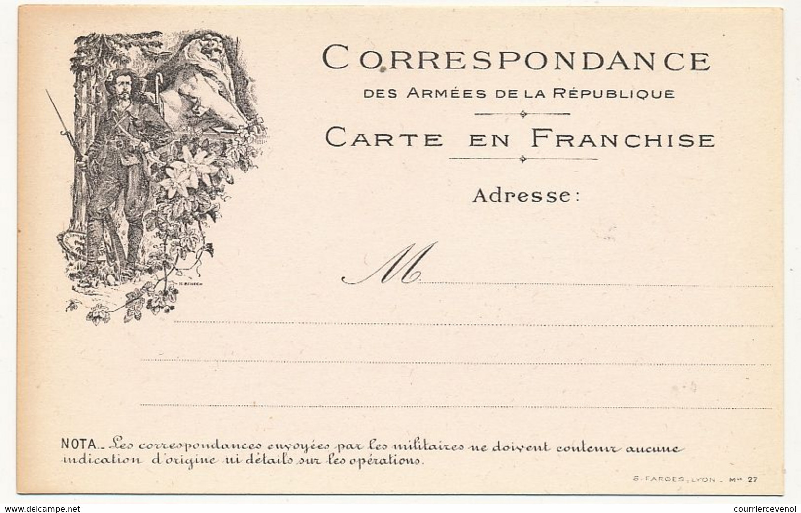 Carte FM Des Editions Farges à Lyon - N° 27 - Chasseur Alpin, Poste Frontiére, Lion De Belfort. - Lettres & Documents