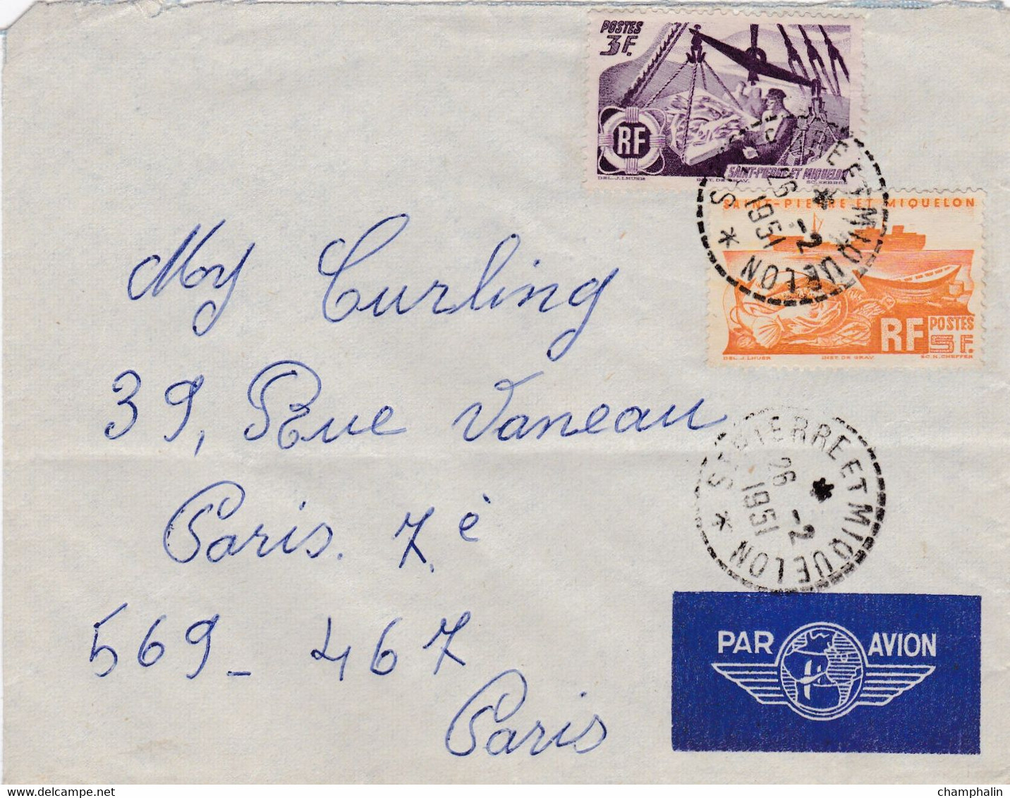ESC De Saint-Pierre Et Miquelon (975) Pour Paris (75) - CAD 26 Février 1951 - Timbres YT 335 & 338 - Brieven En Documenten