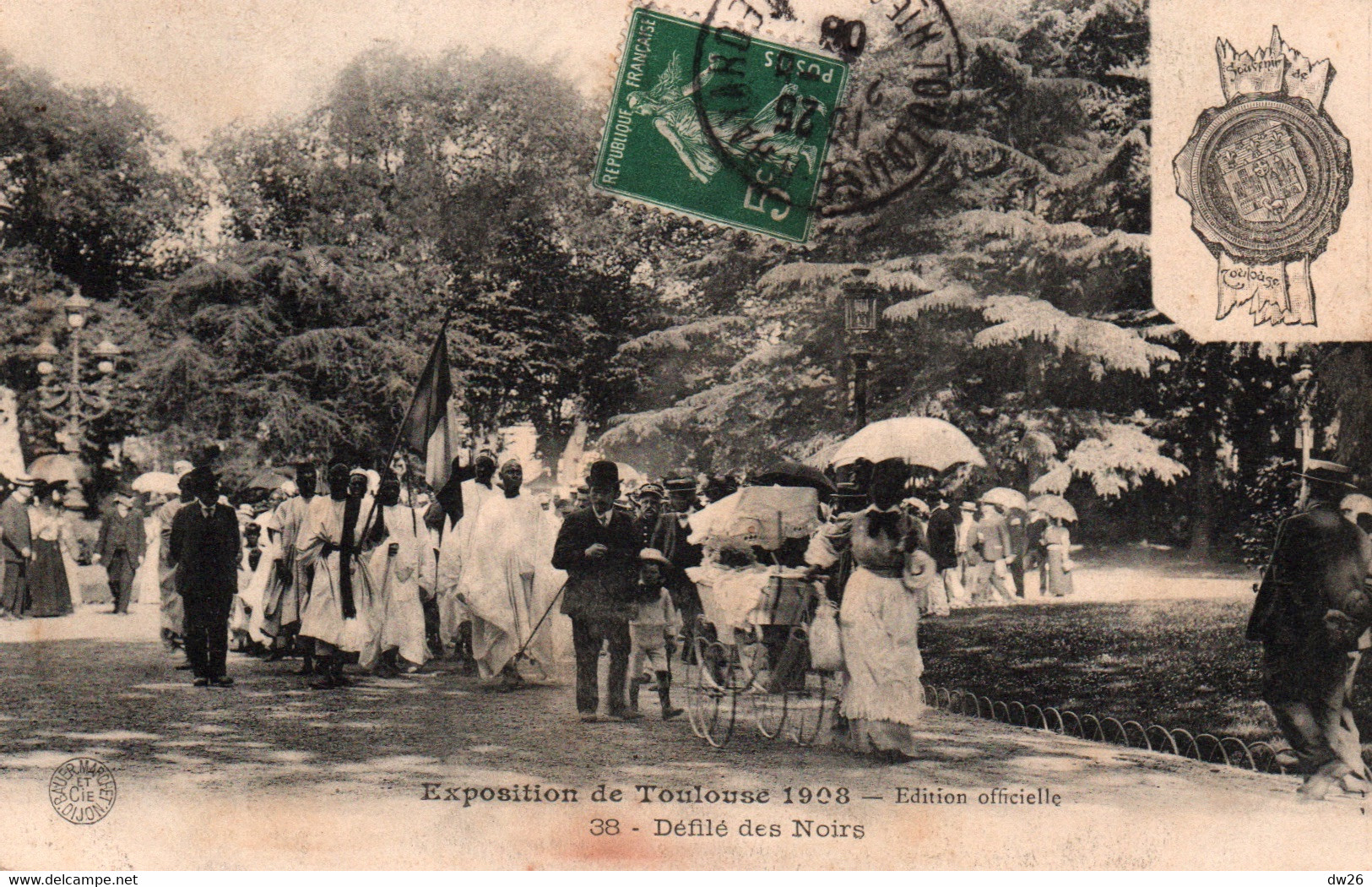 Exposition De Toulouse 1908 - Défilé Des Noirs (avec Landau) Avec Armoiries, Souvenir De Toulouse - Carte N° 38 - Toulouse