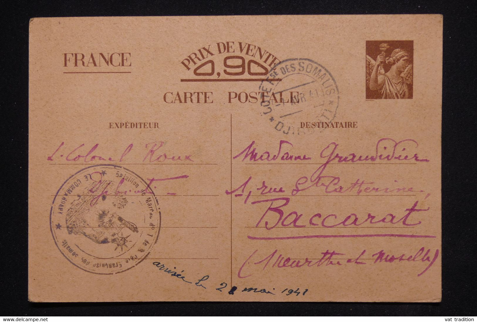 COTE DES SOMALIS - Entier Postal Type Iris, D'un Soldat à Djibouti Pour La France En 1941 - L 119990 - Brieven En Documenten