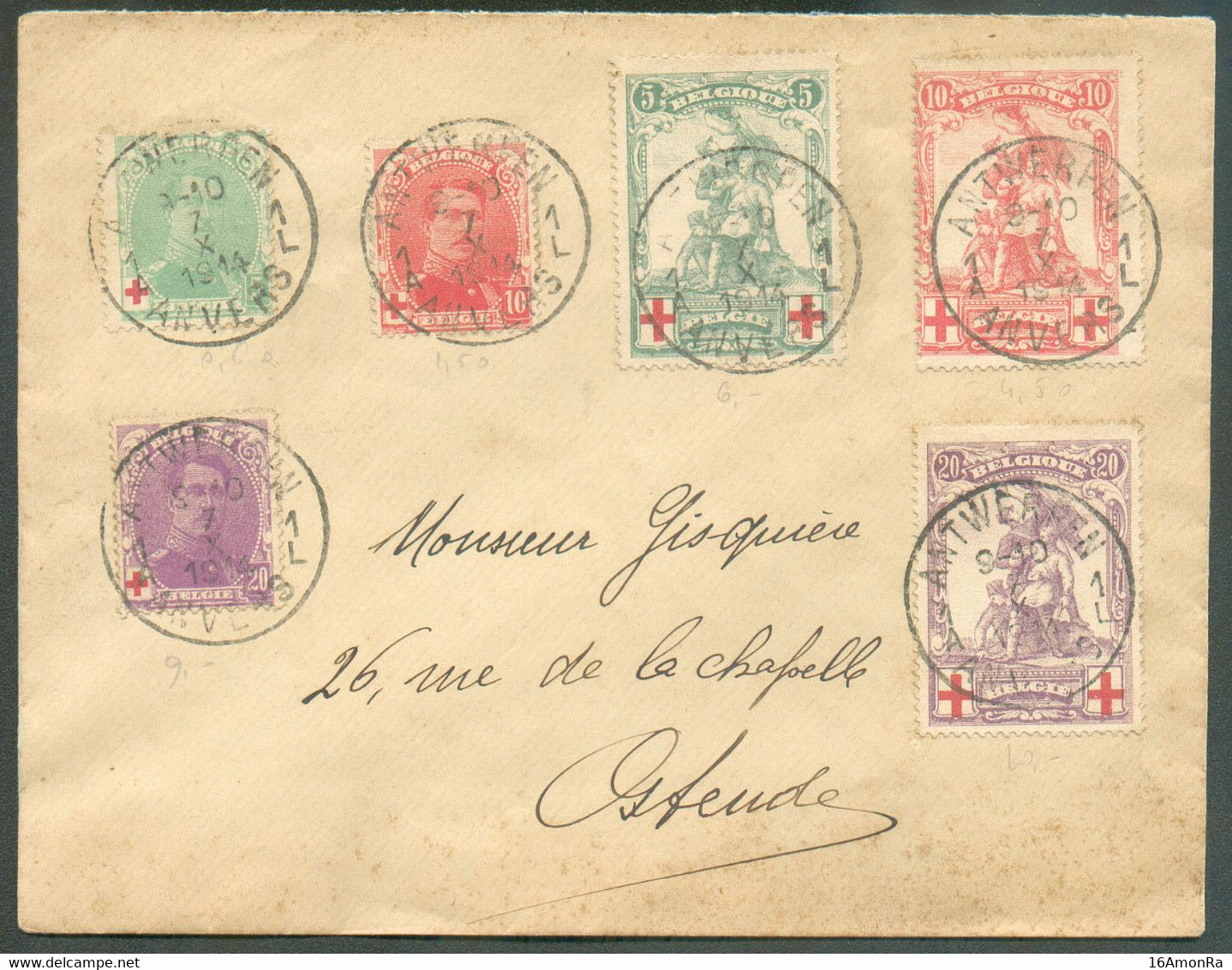 N°126/131 - Séries MERODE Et ALbert Croix-Rouge Obl. Sc ANTWERPEN 1 Sur Lettre Du 7-X-1914 Vers Ostende - 19232 - 1914-1915 Rode Kruis