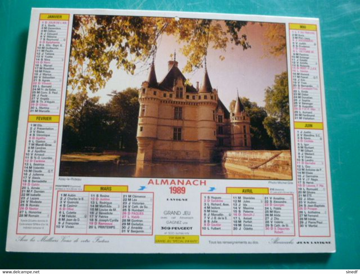 Calendrier 1989 Lavigne Château  AZAY LE RIDEAU  BRUGES Almanach Facteur PTT POSTE Département Sarthe - Grand Format : 1991-00