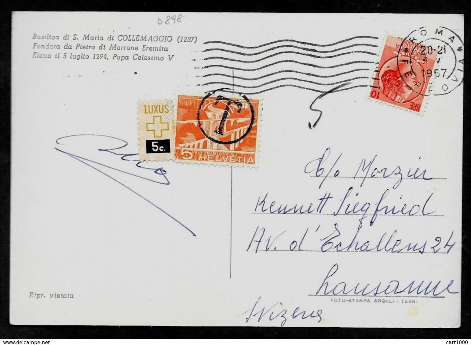 ITALIAN POSTCARD L'AQUILA TO LAUSANNE TAXED ON ARRIVAL 1957 N°D898 - Cartas & Documentos