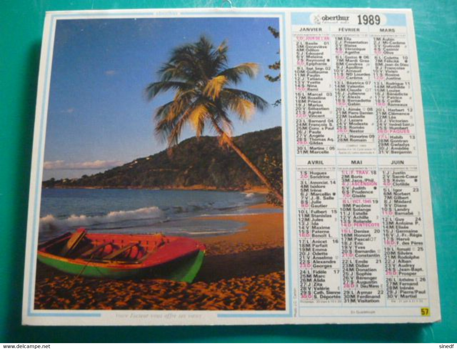 Calendrier 1989 Oberthur Ile Guadeloupe  Paysage Exotique Palmier Almanach Facteur PTT POSTE Département Sarthe - Grand Format : 1991-00