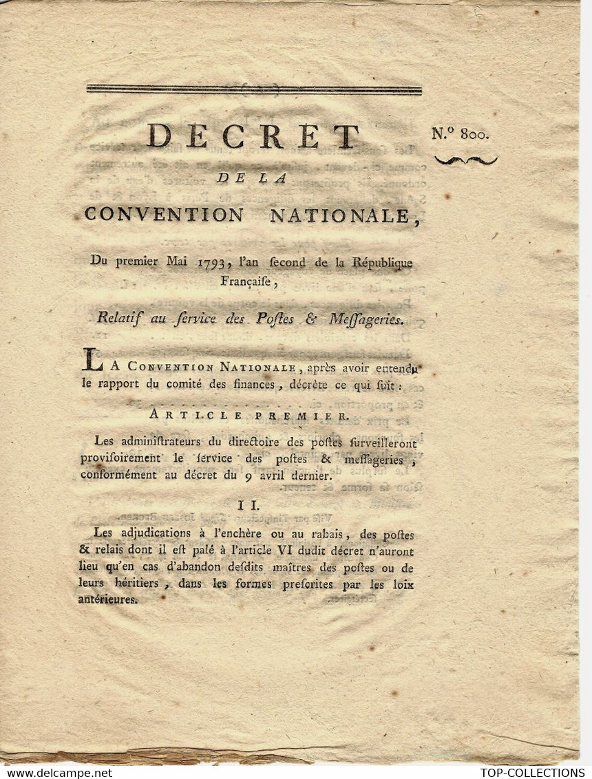 REVOLUTION DECRET CONVENTION NATIONALE 1793 POSTES ET MESSAGERIES B.E. - Decrees & Laws