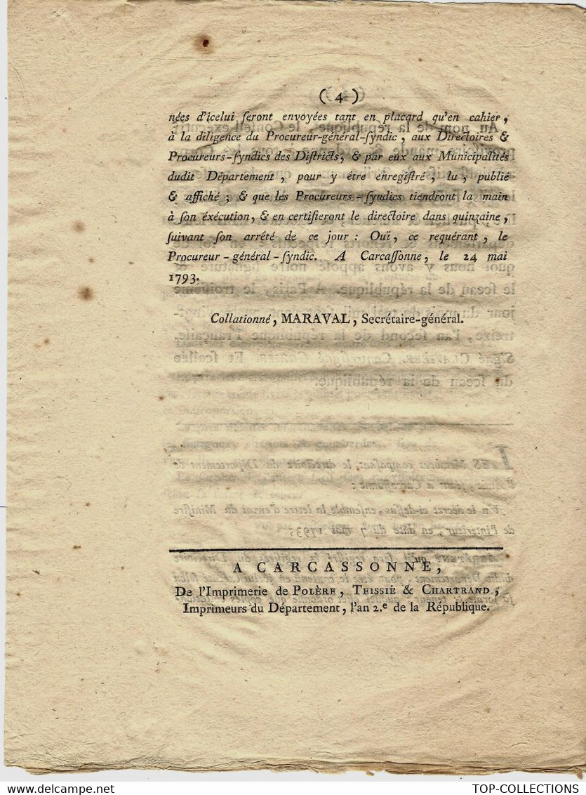REVOLUTION DECRET CONVENTION NATIONALE 1793 POSTES ET MESSAGERIES B.E. - Decreti & Leggi
