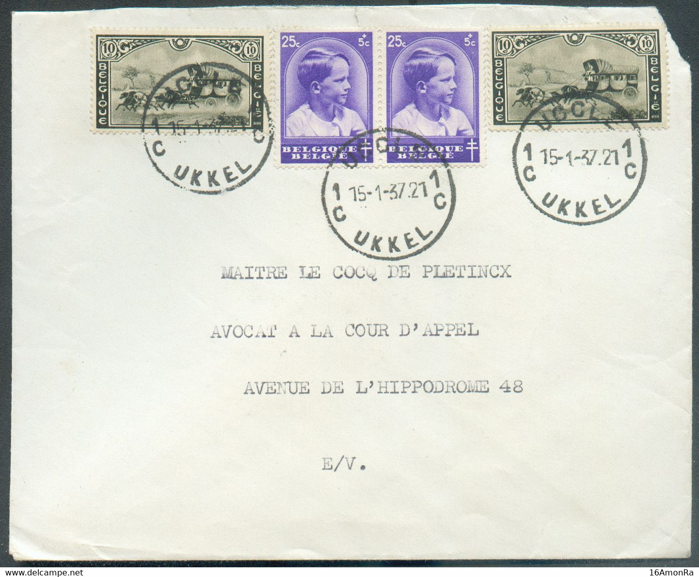 Diligence (2x10c.) Et Prince BAUDOUIN Enfant 25c; (x2) Obl. Sc UCCLE 1 Sur Lettre Du 15-1-1937 Vers La Ville - 19237 - Brieven En Documenten