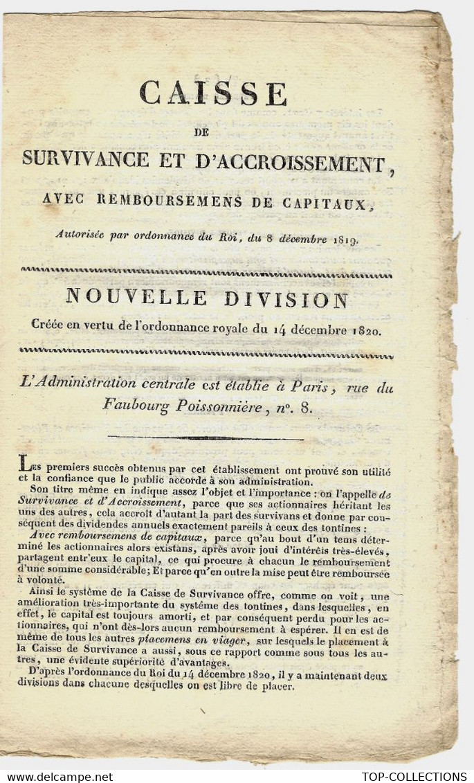 1820 PLACEMENTS FINANCE CAISSE DE  SURVIVANCE  ET D’ACCROISSEMENT PARIS Ordonnance De 1820 B.E. - Decrees & Laws