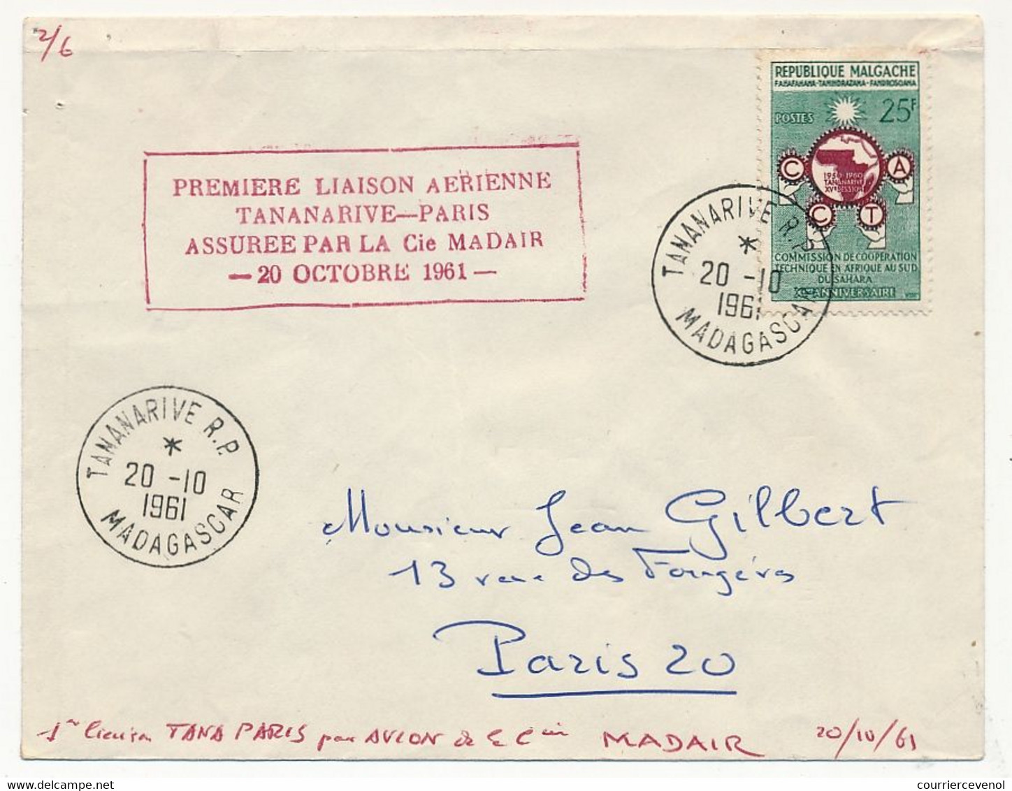 MADAGASCAR - Env. "Première Liaison Aérienne TANANARIVE - PARIS - Cie MADAIR - 20/10/1961 - Madagaskar (1960-...)
