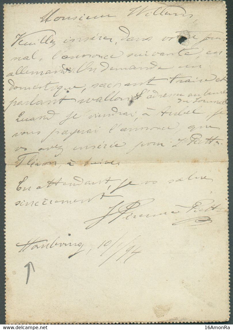 CANTON De L'EST - E.P. Carte-lettre 10c. Fine Barbe Daté De HOMBOURG Obl. Sc AUBEL 10 Janvier 1894 Vers Aubel - 19241 - Cartes-lettres
